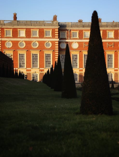 A gardener, wearing a dark long-sleeved top and a black cap, is trimming a dense, well-maintained hedge with a pair of sharp pruning shears. The hedge, composed of small, green, leafy branches, forms